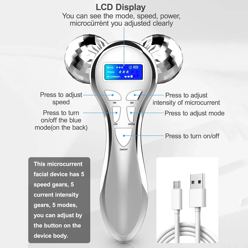 4D Microcurrent Facial Massager Roller Vibration Face Lifting Device V Face Double Chin Remover Pulse anti Wrinkle Skincare Tool