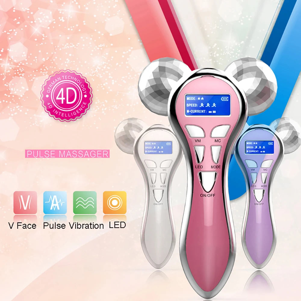 4D Microcurrent Facial Massager Roller Vibration Face Lifting Device V Face Double Chin Remover Pulse anti Wrinkle Skincare Tool